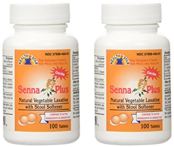 Senna Plus Natural Vegetable Laxative with Stool Softener, 100 tablets (Pack of 2)