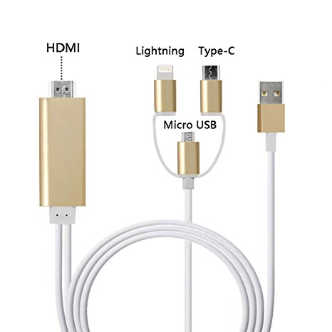 Lighting/ Type-C/ Micro USB to HDMI Cable, Mirroring Cellphone Screen to TV/Projector/Monitor Adapter Cable with 1080P Resolution for IOS and Android devices (Gold)