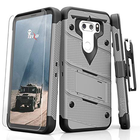 Zizo [Bolt Series] for LG V30 with FREE[Clear Glass Screen Protector] Kickstand and Holster compatible with LG V35 ThinQ (Gray/Black)