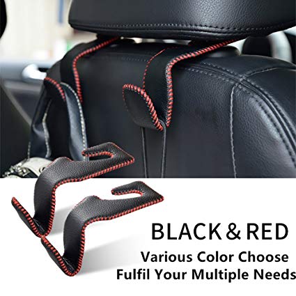 Universal Car Vehicle Back Seat Headrest Hanger Holder Hook with Leather & Aluminum Alloy for Bag Purse Cloth Drink Grocery Black