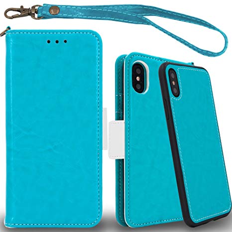 Mefon iPhone X Detachable Leather Wallet Case, with Tempered Glass and Wrist Strap, Enhanced Magnetic Closure, Card Slot, Kickstand, Luxury 2 in 1 Flip Folio Cases for Apple iPhone 10 5.8 (Teal Blue)