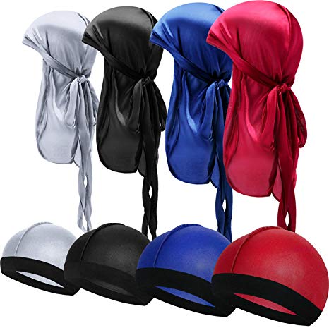 8 Pieces Silky Durag Caps Elastic Wave Cap Long Tail Headwraps Wide Straps Waves