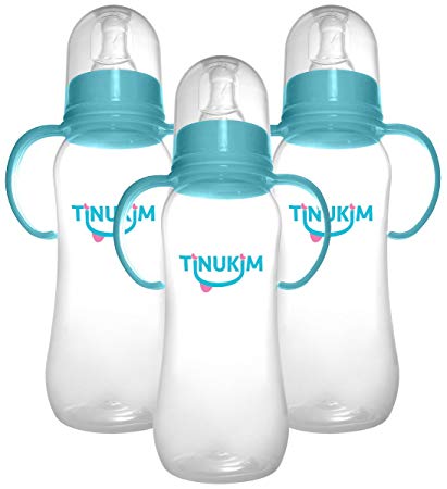Tinukim Easy Grip Baby Bottle with Handles - Anti-Colic Nursing System, 9 Ounce (Set of 3 - Blue)