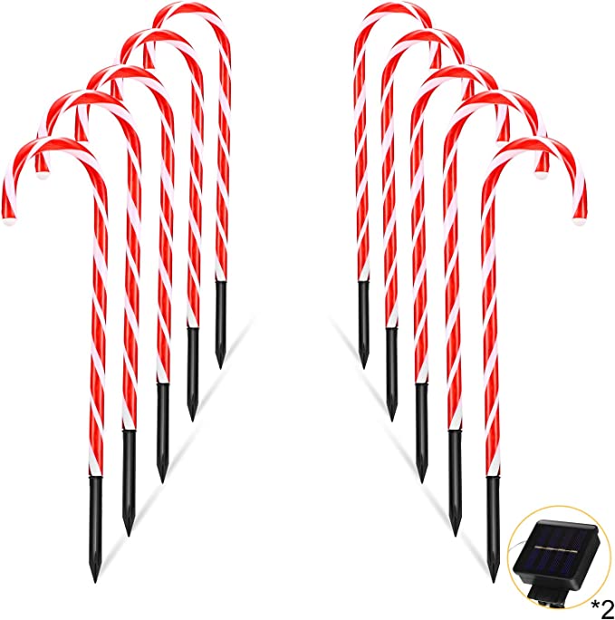 10 Pieces 10 Inch Christmas Outdoor Garden Solar Lights, Small Candy Cane Pathway Markers Lights Waterproof Outdoor Lamp with Solar Panel for Garden Patio Yard Path Lawn Christmas Decoration