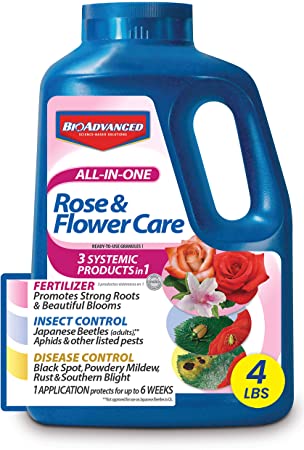 BIOADVANCED 701116E All-in-One Rose and Flower Care, Fertilizer, Insect Killer, and Fungicide, 4-Pound, Ready-to-Use Granules