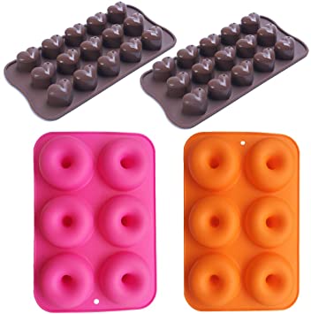 Silicone Baking Molds Mini Donut,2Packs 6-Cavity Rubber Donut Baking Pan,Nonstick Baking Mold,2Packs 15 Cups Heart Shaped Chocolate Mold Cake Cookie Candy Baking Mold Deep (Set of 4),Rose,Orange
