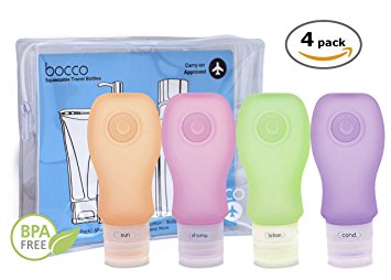 Bocco Leak Proof Squeezable Travel Bottles, TSA Approved Travel Accessories for Carry On Luggage - Perfect for Liquid Toiletries - 4 Pack (All Large 3 oz Bottles) (Orange/Pink/Green/Purple)