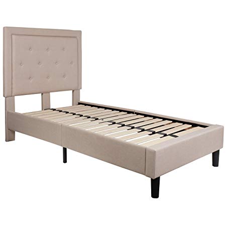 Flash Furniture Roxbury Tufted Upholstered Twin Size Platform Bed in Beige Fabric