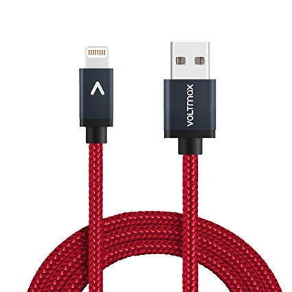Voltmax Apple certified MFi 6ft Lightning Cable, Nylon-braided lightning to USB with reinforced aramid fiber for iPhone 7/7plus, 6s/6sPlus, 6/6Plus, iPad Pro/Air 2, iPad mini 4/3/2, Air pods&more(Red)