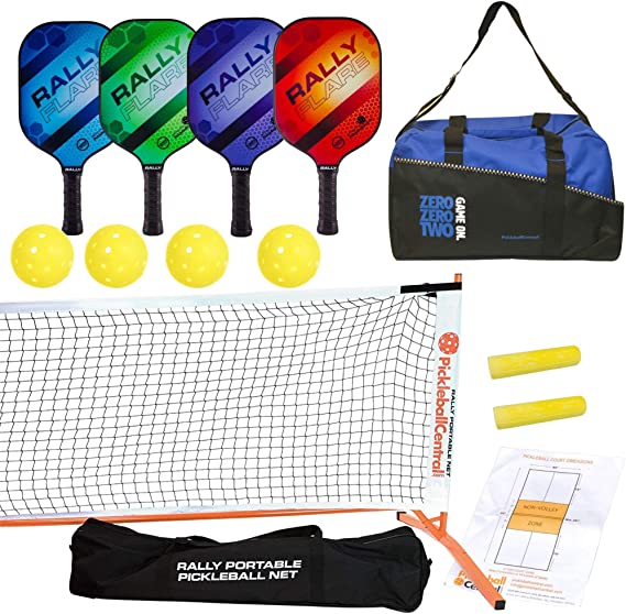 Rally Flare Pickleball Complete Set for 4 Players (Portable Pickleball Net   4 Graphite Paddles   4 Outdoor Pickleballs   Duffel   2 Chalk   Rules/Strategy Guide)