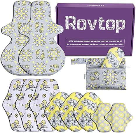 Rovtop 10 Pcs Reusable Sanitary Pads, Washable Printed Cloth Menstrual Pads/Menstrual Towel/Sanitary Napkins with Bamboo Charcoal Absorbent Layer, 4 Size Replace and 1 Mini Waterproof Portable Bag