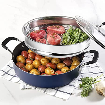 Granitestone Nonstick Everyday Pan Stir Fry Pan Multi-Purpose Pan 3 Piece Set with Tempered Glass Lid & Stainless-Steel Steamer, 5.5 Qt, Dishwasher Safe - 100% PFOA FREE, Navy