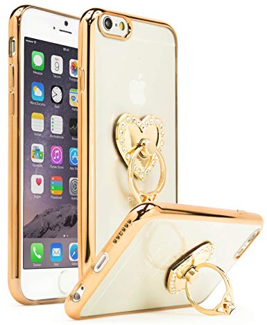 Aikeduo for iPhone 6plus 6s plus 5.5 inch Case, Bastex Slim Fit Clear Plastic TPU Gold Bumper Case Cover with pink Bling Heart Ring Holder Kickstand (golden)