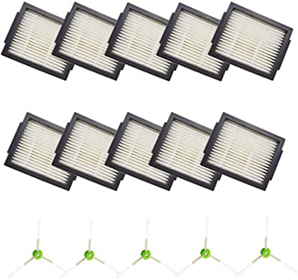 Amyehouse Replacement Parts 10 HEPA Filters & 5 Edge-Sweeping Side Brushes for iRobot Roomba i7 Plus i7  E5 E6 Vacuum Accessories