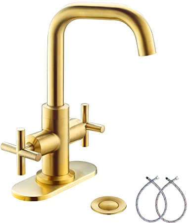 Brushed Gold 2-Handle 4 Inch Centerset Bathroom Faucet with Drain,Deck Plate and Supply Hoses by Phiestina Fit for 1-3 Hole, SGF002-10-BG