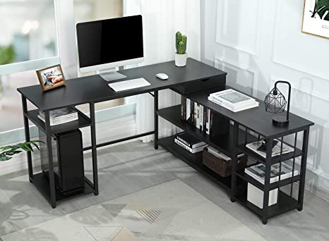 Sedeta L Shaped Computer Desk, 59inch Corner Computer Desk with Storage Shelves and Drawer, Study Writing Desk Table Workstation for Home Office, Black