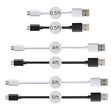 CableCreation (6 Pack) USB 2.0 A Male to Micro USB B Male Sync Charge Cables,Assorted Lengths (0.5ft,4ft,6ft) & Assorted Colors (White & Black)