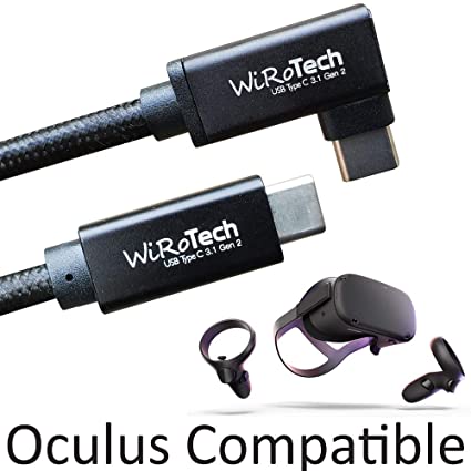 WiRoTech 90-Degree USB C 3.1 Gen2 SuperSpeed 10Gbps E-Marker chip Fastest Charging USB Cable, Oculus Quest Link Compatible (Black, 10 Foot, 90 Degree)