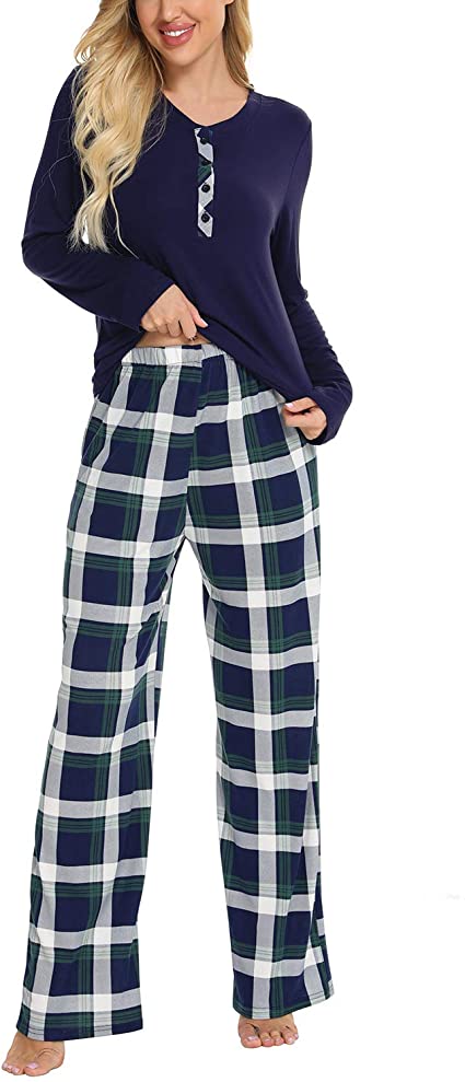 Bloggerlove Pajamas for Women Long Sleeve Shrit and Plaid Pajama Pants PJs Set Christmas Pajamas Lounge Sets