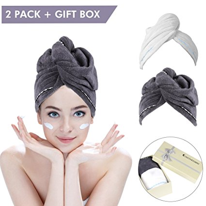 2 Pack Hair Towel Wrap Turban Microfiber Drying Bath Shower Head Towel with Buttons,Gift Box Package, Quick Magic Dryer, Dry Hair Hat, Wrapped Bath Cap By Duomishu