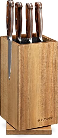 Navaris Rotating Wood Knife Block - Magnetic Universal Holder without Knives - Kitchen Storage with Plastic Bristles and Magnetic Sides - Acacia