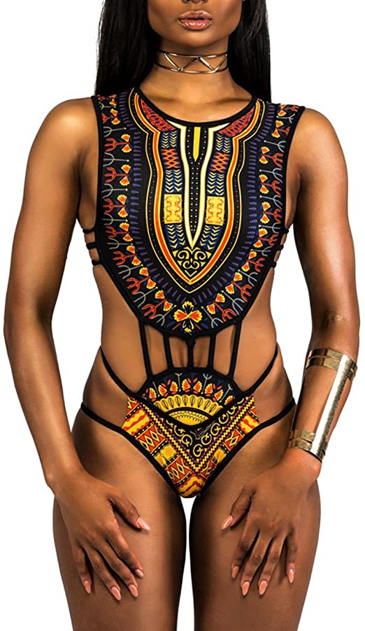 Minesiry Women's One Piece African Print Cut Out Sexy High Waisted Swimsuit Bathing Suit