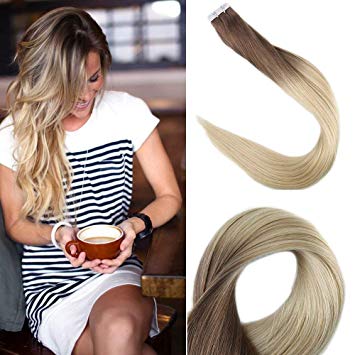 Fshine 16" Seamless Tape in Ombre Hair Extensions Glue in Hair Extensions Balayage Color 6 Fading to 613 Full Head Remy Premium Hair Extensions 50g 20Pcs Per Package