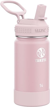Takeya Actives Kids Insulated Stainless Steel Kids Water Bottle with Straw Lid, 14 Ounce, Blush
