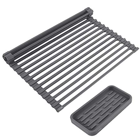 X-Chef Roll Up Dish Drying Rack and Silicone Sponge Holder Set of 2, Anti-Rust & Non-slip Silicone Coated Over Sink Drying Rack, Multipurpose, Dark Grey