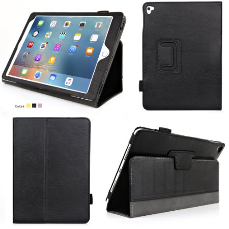 iPad Pro 97 Case - Bear Motion Genuine Cowhide Leather Folio Case for iPad Pro 97 Inch Case Cover with Auto Sleep  Wake Feature - Black
