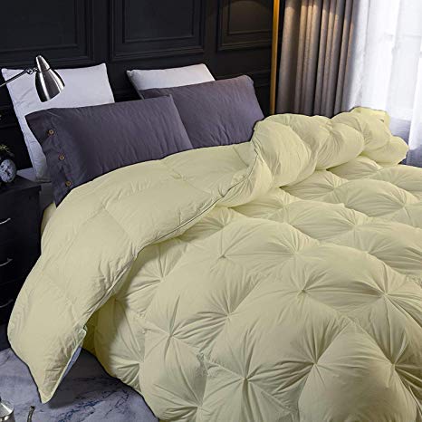 YGJT Ivory All Season Goose Down Pintuck Comforter- Twin Size 68 x 86 Inches 1 pc Pinch Pleated Duvet, 550 GSM with Corner Tabs 100% Egyptian Cotton- Hypoallergenic - Ivory Solid