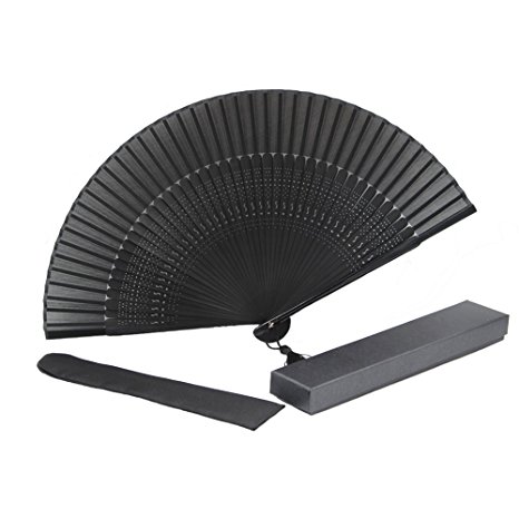 K.MAX Bamboo Wood Silk Folding Fan, Chinese /Japanese Vintage Retro Style Handmade Silk Black Hand Fan with a Fabric Sleeve and Tassels for Home Decoration Party Wedding Dancing Easter Gift