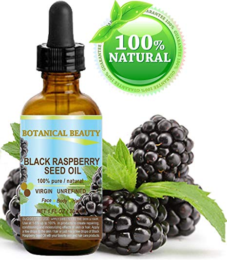 BLACK RASPBERRY SEED OIL. 100% Pure / Natural / Undiluted / Virgin / Unrefined / Cold Pressed Carrier oil. 1 Fl.oz.- 30 ml. For Skin, Hair, Lip and Nail Care. "One of the highest antioxidants, rich in vitamin A and E, Omega 3, 6 and 9 Essential Fatty Acids".