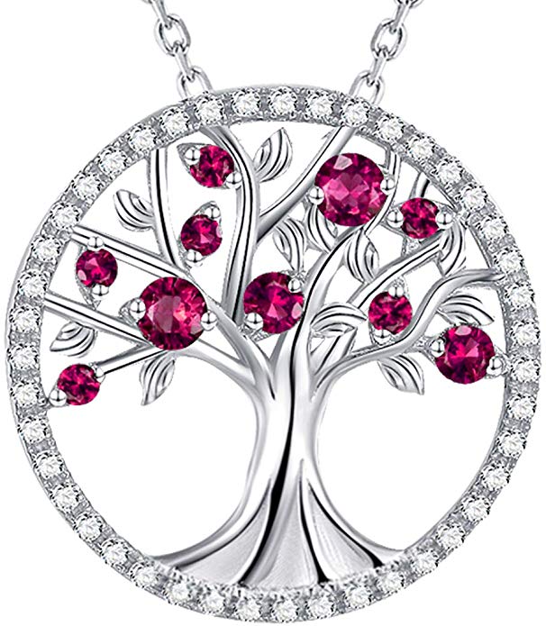 Christmas Birthday Gifts Jewelry for Women Mom LC Red Garnet January Birthstone Necklace for Wife Sterling Silver Tree of Life Jewelry