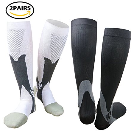 Compression Socks for Men & Women(2 Pairs), BULESK Medical Grade Graduated Recovery Stockings for Nurses, Boost Stamina, Varicose, 20-30 Mmhg Fit for Running, Medical, Flight Travel (Black&White)
