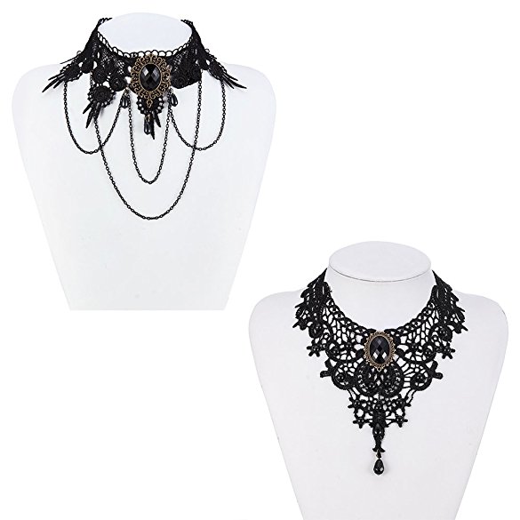 iWenSheng Pack of 2 Handmade Gothic Lolita Punk Black Sexy Lace Beads Tassel Pendant Choker Necklace for Women Halloween Party Wedding Gift