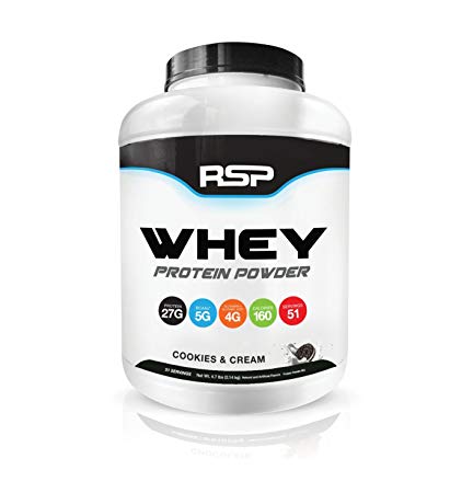 RSP Whey Protein Powder (5LB) - 27G Premium Whey Protein Shake with BCAAs and Glutamine, Post Workout Recovery Protein Supplement, 51 Servings (Cookies & Cream)