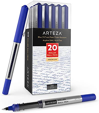 Arteza Gel Ink Roller Ball Pens, Pack of 20, Blue Ink, Waterproof, 0.7mm Fine Point Rollerball Pen for Bullet Journaling, Writing, Taking Notes & Sketching