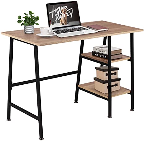 VECELO Computer Desk Writing Table with 2-Tier Shelves H Shape Work Desks Study Workstation for Office Home Bedroom Livingroom,Oak