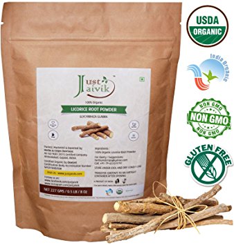 Just Jaivik 100% Organic Licorice Root Powder - Mulethi Powder 227 g / 0.5 LB Pack (Glycyrrhiza Glabra) / Yastimadu Powder- An USDA Organic Certified Herb
