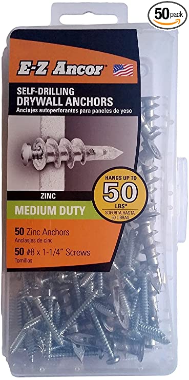 E-Z Ancor kit, 50 Zinc Self Drilling Drywall Anchors with 50 Phillip Screws #8 x 1-1/4