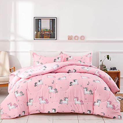 Uozzi Bedding Summer Unicorn Comforter Twin Pink with Stars and Rainbows 100% Microfiber Hypoallergenic Girls 68x88 Unicorns Duvet Iinsert Cute All-Season Bed Comforters for Kids Teen Women