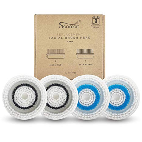 Sonimart Compatible Replacement Facial Cleansing Brush Heads (4-Pack), 2 x Sensitive Skin and 2 x Deep Pore Cleansing heads