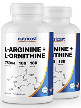 Nutricost L-Arginine L-Ornithine 750mg; 180 Capsules (2 Bottles)