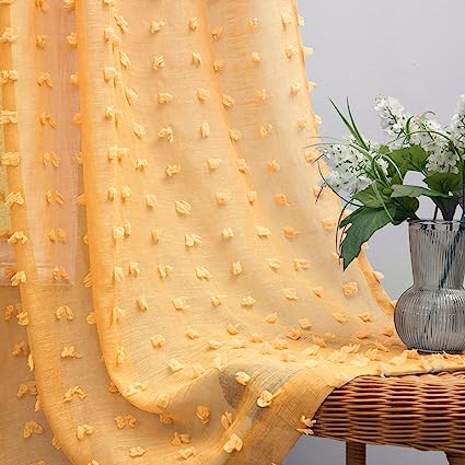 Mustard Yellow Textured Curtains 84 Inch Length 2 Panels for Living Room Bedroom Dining Room Boho Back Tab Rod Pocket Pom Pom Tufted Gold Semi Sheer Curtain 84 Inches Long for Nursery Girls Kids Room