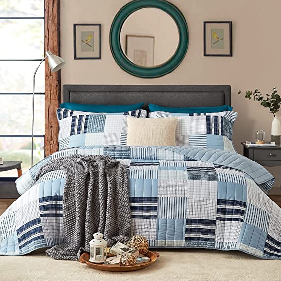 Hansleep Quilt Set with Striped and Plain Patchwork Pattern, Ultrasonic Comforter Bedding Cover Lightweight Bedspread Bed Decor Coverlet Set for All Season (Blue Patchwork, Full/Queen)