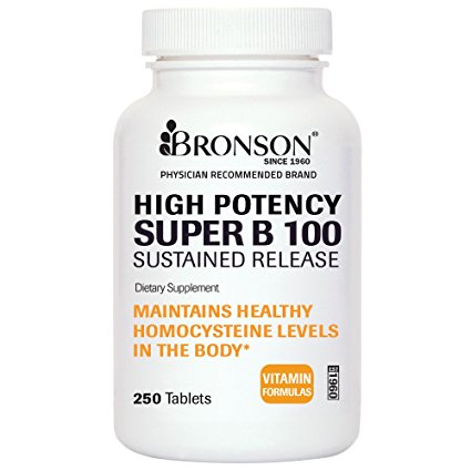 Bronson Vitamin B 100 Complex High Potency Sustained Release (Vitamin B1, B2, B3, B6, B9 - Folic Acid, B12), 250 Tablets