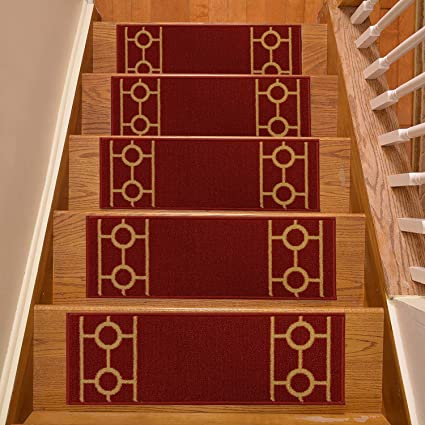 Stair Treads Skid Slip Resistant Backing Indoor Carpet Stair Treads Chain Border Design 9 inch x 26 ¼ inch (Set of 13, Red)