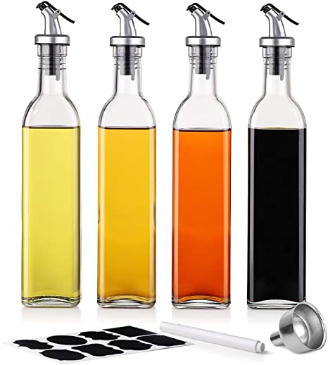 Oil Bottle - 500ml Glass Olive Oil Bottles Vinegar Dispenser Set BEYONDA 4-Pack Oil Dispenser Bottle for Cooking Kitchen Baking Salad with 4pcs Pour Spout 1pcs Funnel