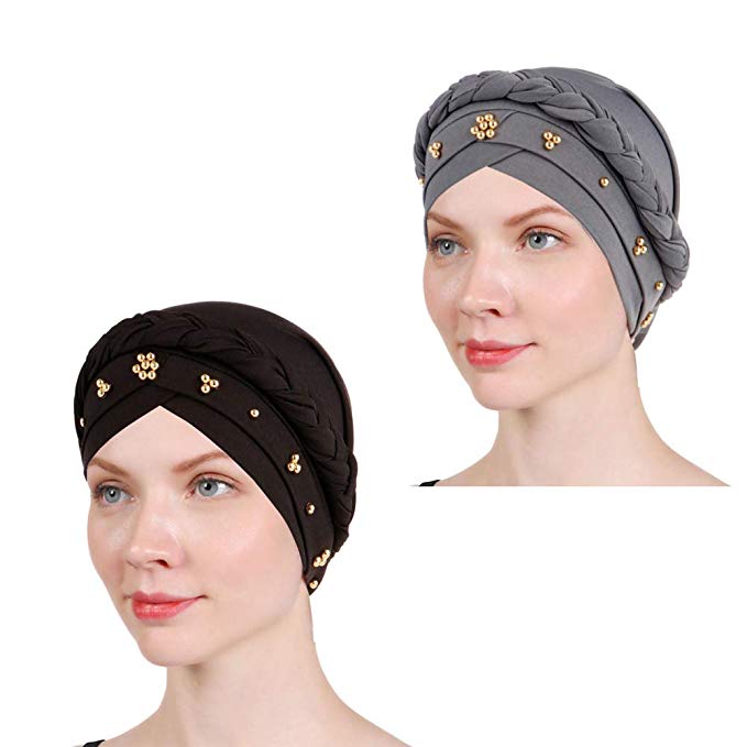 1 Pack / 2 Packs Women Turban Twisted Beaded Braid Chemical Cancer Headscarf Cap Hair Covered Wrap Hat